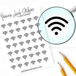 May include: A sheet of black and white wifi symbol stickers. The sheet has the text "Freannie Lamb Stickers" and "Hand Illustrated" at the top. The sheet also has the website address "www.frannielambstickers.etsy.com" at the bottom.