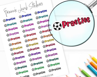 May include: Sheet of colorful soccer-themed stickers with the word "Practice" and a soccer ball graphic. The stickers are in various colors, including blue, green, and purple. The Etsy shop name is visible at the bottom.