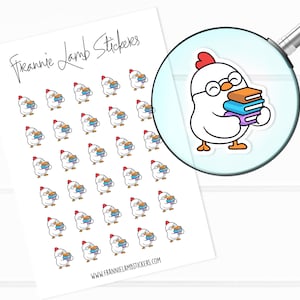 Lindas pegatinas de libros con pollo (1/2" cada una), pegatinas de planificador, pegatinas de personajes lindos para calendarios, planificadores, álbumes de recortes, manualidades, etc.