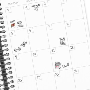 May include: A black and white calendar with handwritten dates and days of the week. The calendar has small drawings of a coffee cup, weights, a package, and a takeout box.