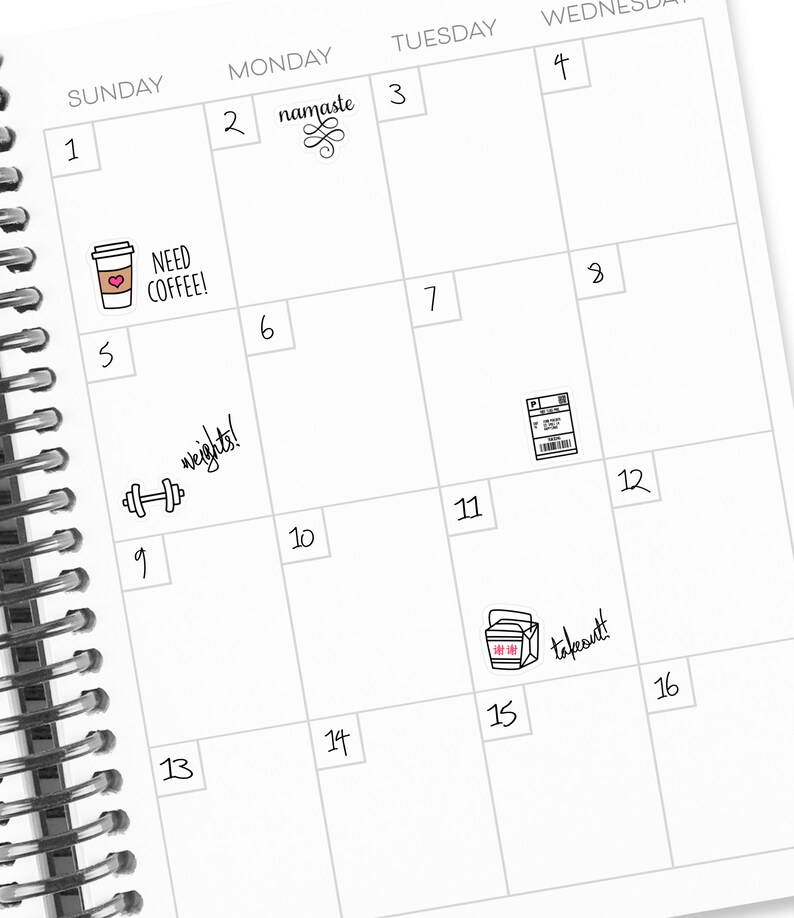 May include: A black and white calendar with handwritten dates and days of the week. The calendar has small drawings of a coffee cup, weights, a package, and a takeout box.