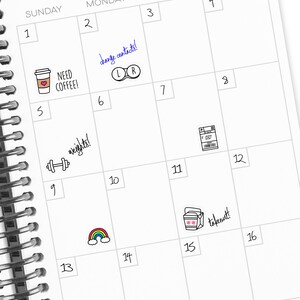 May include: A weekly planner with a white background and black grid lines. The days of the week are labeled at the top of each column. There are several hand-drawn icons throughout the planner, including a coffee cup, contact lenses, dumbbells, a rainbow, and a takeout container.