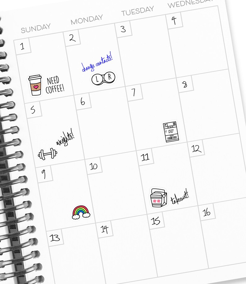 May include: A weekly planner with a white background and black grid lines. The days of the week are labeled at the top of each column. There are several hand-drawn icons throughout the planner, including a coffee cup, contact lenses, dumbbells, a rainbow, and a takeout container.