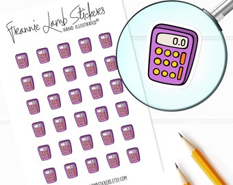 May include: A sheet of stickers featuring a purple calculator with a yellow display and buttons. The calculator has the number "0.0" on the display. The stickers are arranged in a grid pattern on a white background.