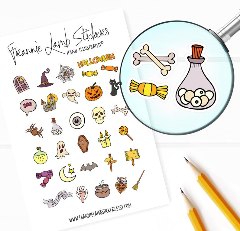 May include: A sheet of Halloween themed stickers featuring a variety of spooky and cute designs, including ghosts, pumpkins, bats, spiders, eyeballs, candy, and more. The stickers are hand-illustrated and perfect for adding a festive touch to your Halloween decorations.