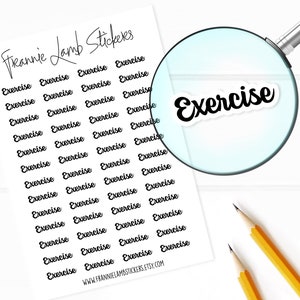 May include: A sheet of white sticker paper with the words "Freannie Lamb Stickers" at the top. The sheet is filled with black "Exercise" stickers in a cursive font. A magnifying glass is positioned over one of the stickers, highlighting the word "Exercise".