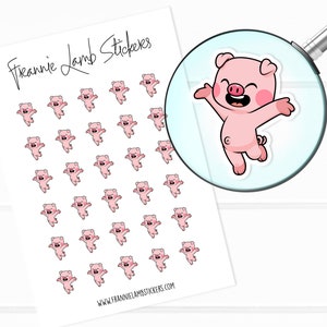 May include: Sheet of pink pig stickers with the text "Frannie Lamb Stickers" and the website address. A magnified view shows a single sticker of a smiling pig with its arms raised. The stickers are designed in a cartoon style.