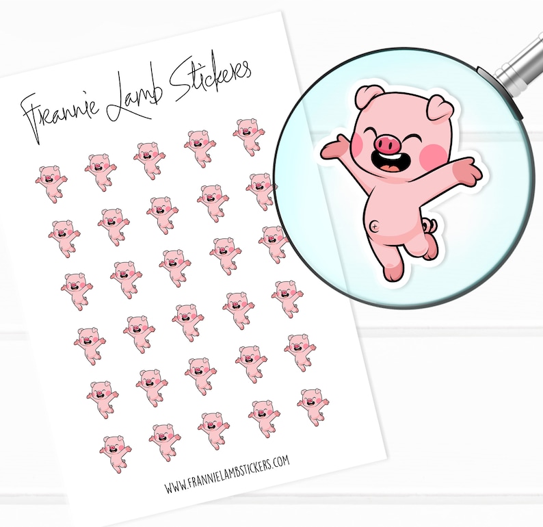 May include: Sheet of pink pig stickers with the text "Frannie Lamb Stickers" and the website address. A magnified view shows a single sticker of a smiling pig with its arms raised. The stickers are designed in a cartoon style.