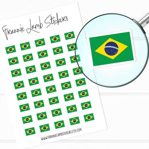 Può includere: Foglio di adesivi con la bandiera brasiliana, verde, rombo giallo e cerchio blu con stelle. Gli adesivi sono su sfondo bianco. Una lente d'ingrandimento mostra un primo piano della bandiera. Testo: "Frannie Lamb Stickers" e "www.frannielambstickers.etsy.com".