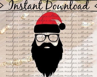 May include: A digital graphic featuring a Santa Claus face with a black beard, glasses, and a red hat. The image includes the text "Instant Download" and file type labels: SVG, PNG, and JPG. The background is a light beige with gold accents.