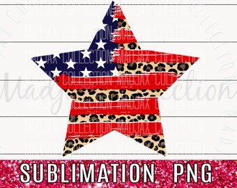 Leopard American Flag Star PNG, 4th of July Sublimation (Digital Download)
