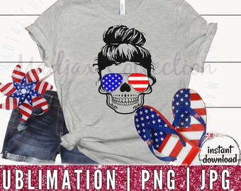 Messy Bun Shirt Sublimation, Patriotic, America Flag Sunglasses, USA Printable, Lady Skull, Digital Download, Clipart PNG, Commercial Use