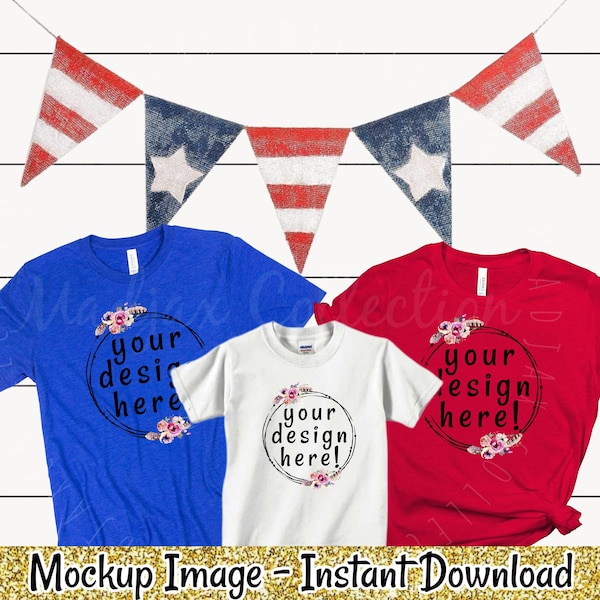 Family Shirts Mockup, Red White Blue, USA Flat Lay, Patriotic, Shirt Mockup, Family Vacation, Product, Birthday, Your Design