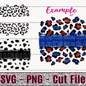 May include: A digital design featuring a leopard print pattern with red and blue glitter accents. The design includes a blue glitter stripe and the text "Example".