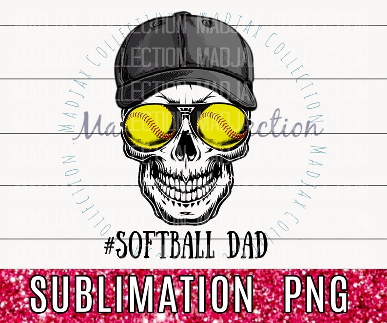 May include: A white skull wearing a black baseball cap and yellow sunglasses with a softball design. The text #SOFTBALL DAD is below the skull. The background is a white and blue striped pattern.