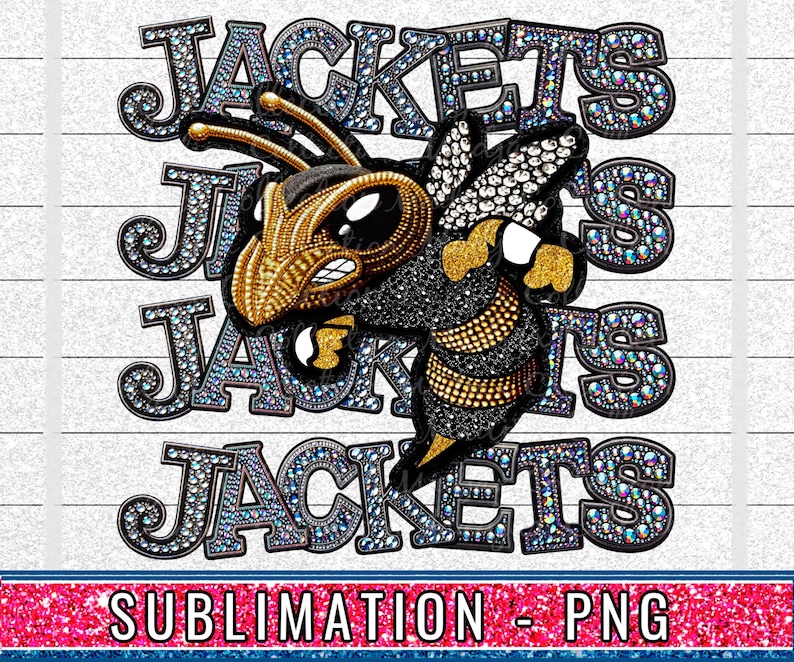 May include: A black and gold bee with a rhinestone design is centred on a white background. The bee is surrounded by four rows of the word "Jackets" in blue and silver rhinestones.