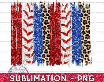 Baseball Stitches Brush Stroke: Red White Leopard & Blue Glitter (PNG File)