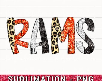 Rams PNG, Orange and Black Brush Stroke Bubble Letters, Sublimation PNG, Leopard & Glitter, Heat Transfer Design, High School Football PNG