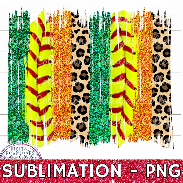 Green & Orange Softball Brush Stroke, Stitches, Sublimation PNG File, Team Colors, Printable Art, Leopard, Transparent Background, Clipart