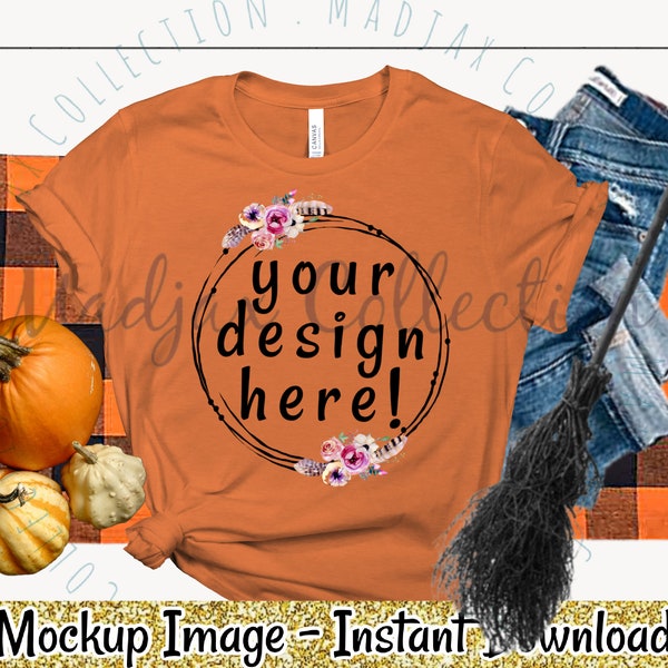 Halloween Shirt Mockup, Flat Lay, Mom Shirt, Burnt Orange, Bella Canvas 3001, Fall, Witch Broom, Pumpkins, Orange Buffalo Plaid