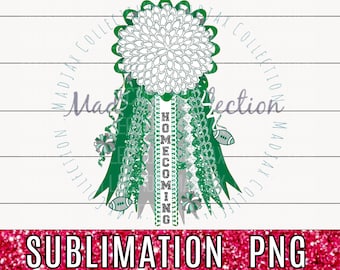May include: A digital design for a homecoming mum. The design features a large white and green flower, green ribbons, and football accents. The word "HOMECOMING" is vertically displayed. The bottom of the image reads "SUBMLIMATION PNG".