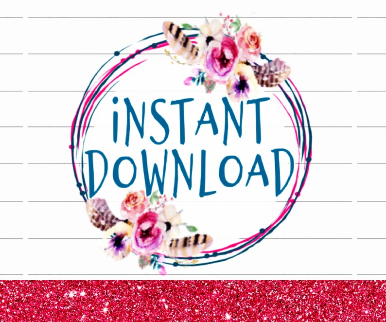 May include: A watercolor floral wreath with feathers in shades of pink, blue, and green. The wreath has a white background with the text "INSTANT DOWNLOAD" in blue.