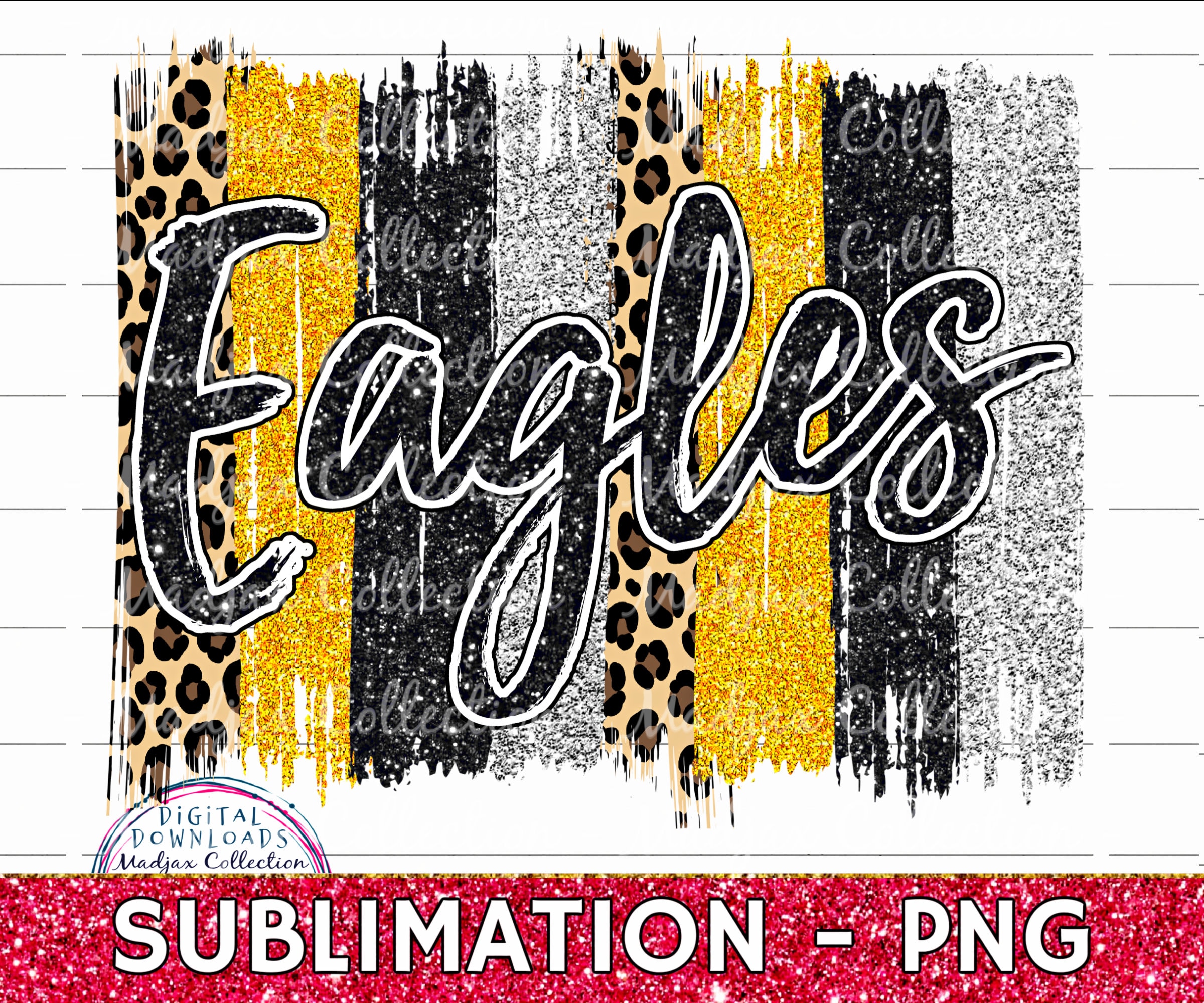 Team Eagles Sublimation PNG, Black & Gold, Leopard, Glitter, High School Printable, Mascot, Brush Stroke Buffalo Plaid, Heat Transfer Design