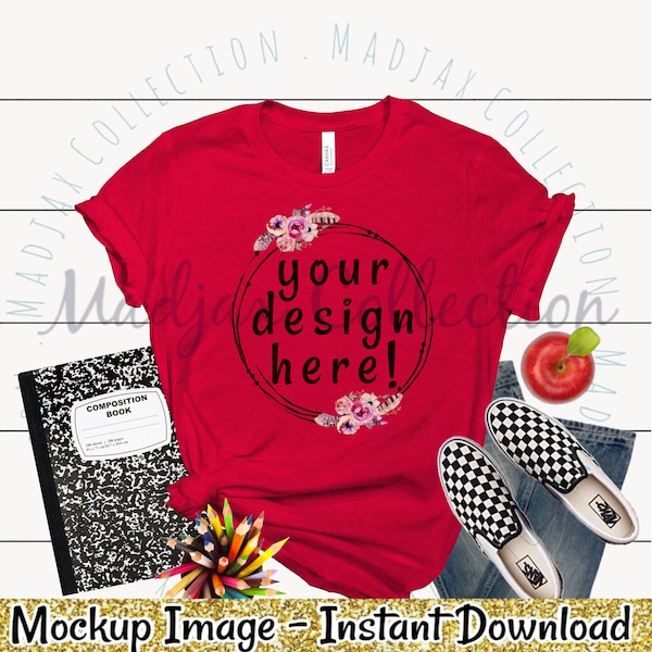 Back to School Mockup | Red Shirt | Flat Lay Mockup | Teacher Shirt Mockup | Bella Canvas | T-shirt Mockup | Senior Shirt Mockup | School T