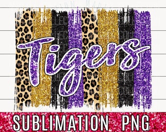 Team Tigers, Sublimation PNG, Purple & Gold, Leopard, Glitter, High School, Printable, Mascot, Cute Brushstroke, Commercial Use