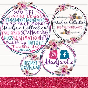 May include: Digital design graphics with text including "T-Shirt Design", "Card Design", and "Sublimation". The image features circular designs with floral and feather accents, and the text "Madjax Collection".