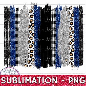 Könnte beinhalten: Digitales Design mit vertikalen Pinselstrichen in Schwarz, blauem Glitzer, silbernem Glitzer, Leopardenmuster und schwarz-weißem Karomuster. Das Design enthält den Text "SUBLIMATION - PNG" und das Logo "Madjax Collection".