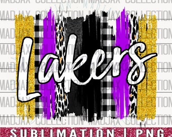 May include: A sublimation design featuring the word "Lakers" in white script on a background of black, white, gold, and purple paint strokes, leopard print, and checkered patterns.