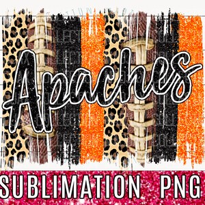 Könnte beinhalten: Ein Sublimationsdesign mit einem schwarz-weißen Leopardenmuster, orangefarbenem Glitzer und einem Fußballmuster. Das Design enthält das Wort "Apaches" in schwarzer Schrift.