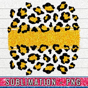May include: Gold glitter leopard print design with a horizontal gold glitter stripe in the center.  The design is on a white background.