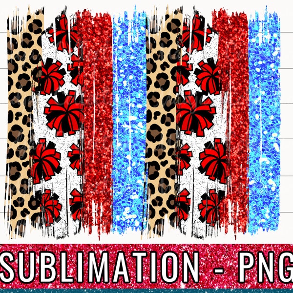 Cheerleader or Dance Pom-Poms PNG, Light Blue Red and Black Leopard Brush Stroke, Sublimation PNG, Team Colors, Glitter Background Clipart