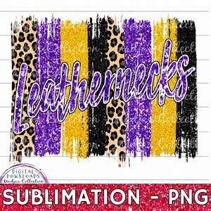 Team Leathernecks, Leopard Brush Stroke Design, Sublimation Printable, PNG Digital File, Purple and Yellow Gold Glitter, Heat Transfer PNG