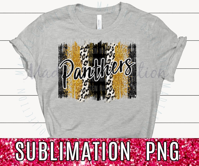 May include: A grey t-shirt with a black and gold graphic design featuring the word "Panthers" in black script with a leopard print and gold glitter accents.