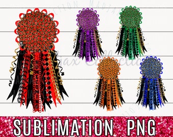 May include: Five different homecoming mum designs with black, gold, and red, orange, purple, green, and blue ribbons. The mums feature a large, sparkly center with a homecoming message.