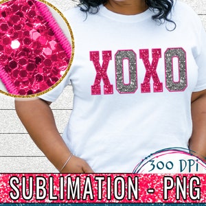 Sublimación de lentejuelas falsas XOXO, archivo PNG de bordado falso XOXO, diseño de camisa del día de San Valentín, imágenes prediseñadas de abrazos y besos, diseño de camisa para niñas XoXo