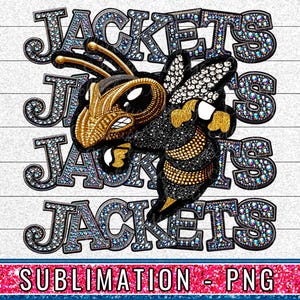Op de afbeelding: Een zwarte en gouden bij met een strass-ontwerp is gecentreerd op een witte achtergrond. De bij wordt omringd door vier rijen van het woord "Jackets" in blauwe en zilveren strass.