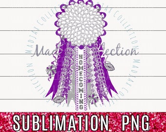 May include: A purple and silver homecoming mum design with the word "HOMECOMING" vertically displayed. The design includes ribbons, a decorative flower, and football accents. The text "SUBMLIMATION PNG" is at the bottom.