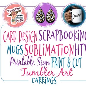 May include: A digital design image showcasing various products for sale, including mugs, t-shirts, earrings, and printable signs. The text "Teacher I prefer educational Rock Star" is on a pink circle with a lightning bolt and fist. The text "Cowboys" is on a white mug. The earrings are leopard print with a purple background. The text "CARD DESIGN SCRAPBOOKING MUGS SUBLIMATIONHTV Printable Sign PRINT & CUT Tumbler Art EARRINGS" is in a colourful font.