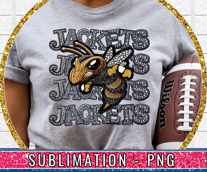 May include: Sublimation design featuring a cartoon bee with gold and black accents, surrounded by the word "Jackets" in a glittery font. The design is on a grey t-shirt.