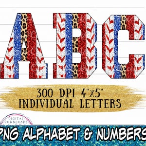 Peut inclure: Les lettres "ABC" sont présentées dans un design patriotique, avec des rayures rouges, blanches et bleues et un imprimé léopard. L'image comprend le texte "300 DPI 4"x5" INDIVIDUAL LETTERS" et "PNG ALPHABET & NUMBERS". Les lettres mesurent environ 10 cm x 13 cm.