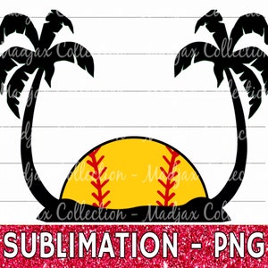 May include: A digital design featuring a yellow softball with red stitching, set between two black palm trees. The design includes the text "SUBLIMATION - PNG" in a red glittery font, perfect for sublimation projects.