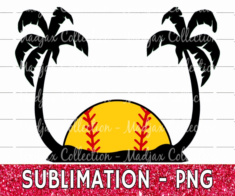May include: A digital design featuring a yellow softball with red stitching, set between two black palm trees. The design includes the text "SUBLIMATION - PNG" in a red glittery font, perfect for sublimation projects.