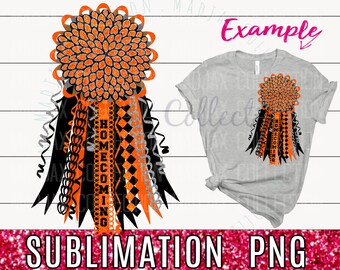 May include: Orange and black homecoming mum with black and silver ribbons and the word "HOMECOMING" written on the ribbons. The mum is on a white background with a gray t-shirt with a smaller version of the mum on it.