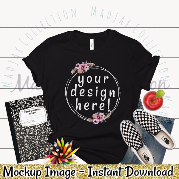 Black Shirt Back to School Mockup | Flat Lay Mockup | Teacher Shirt Mockup | Bella Canvas | T-shirt Mockup | Senior Shirt Mockup | School T