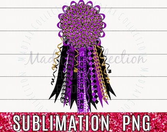 May include: A purple and black homecoming mum with a large, decorative flower at the top. The mum features ribbons, chains, and the word "HOMECOMING". The image also includes the text "SUBMLIMATION PNG".