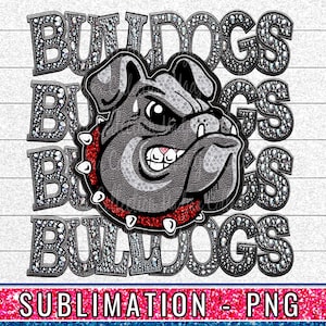 Könnte beinhalten: Ein Sublimationsdesign mit einem Bulldoggenkopf mit einem rot-weißen Halsband. Der Bulldogge ist umgeben vom Wort "Bulldogs" in einer glitzernden, strassartigen Schrift.